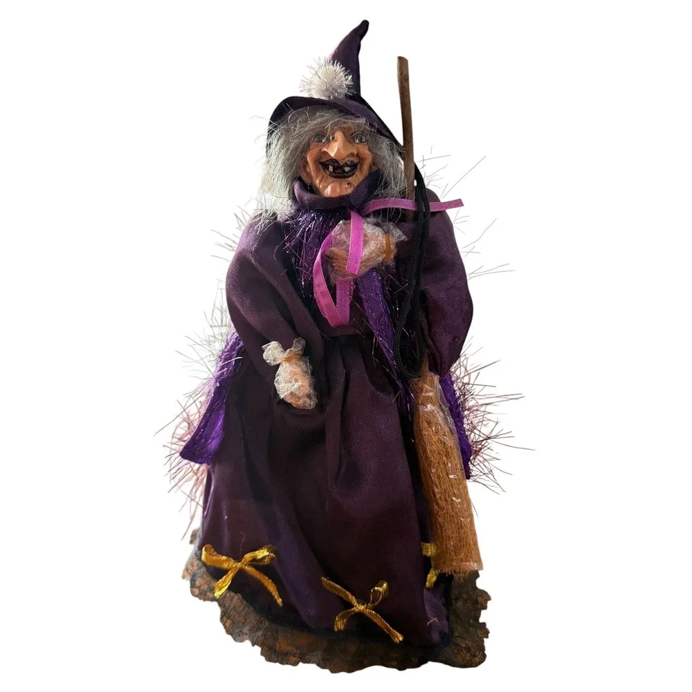 Gothic Halloween Decor Hanging Witch Purple Satin Dress Broom 12.5